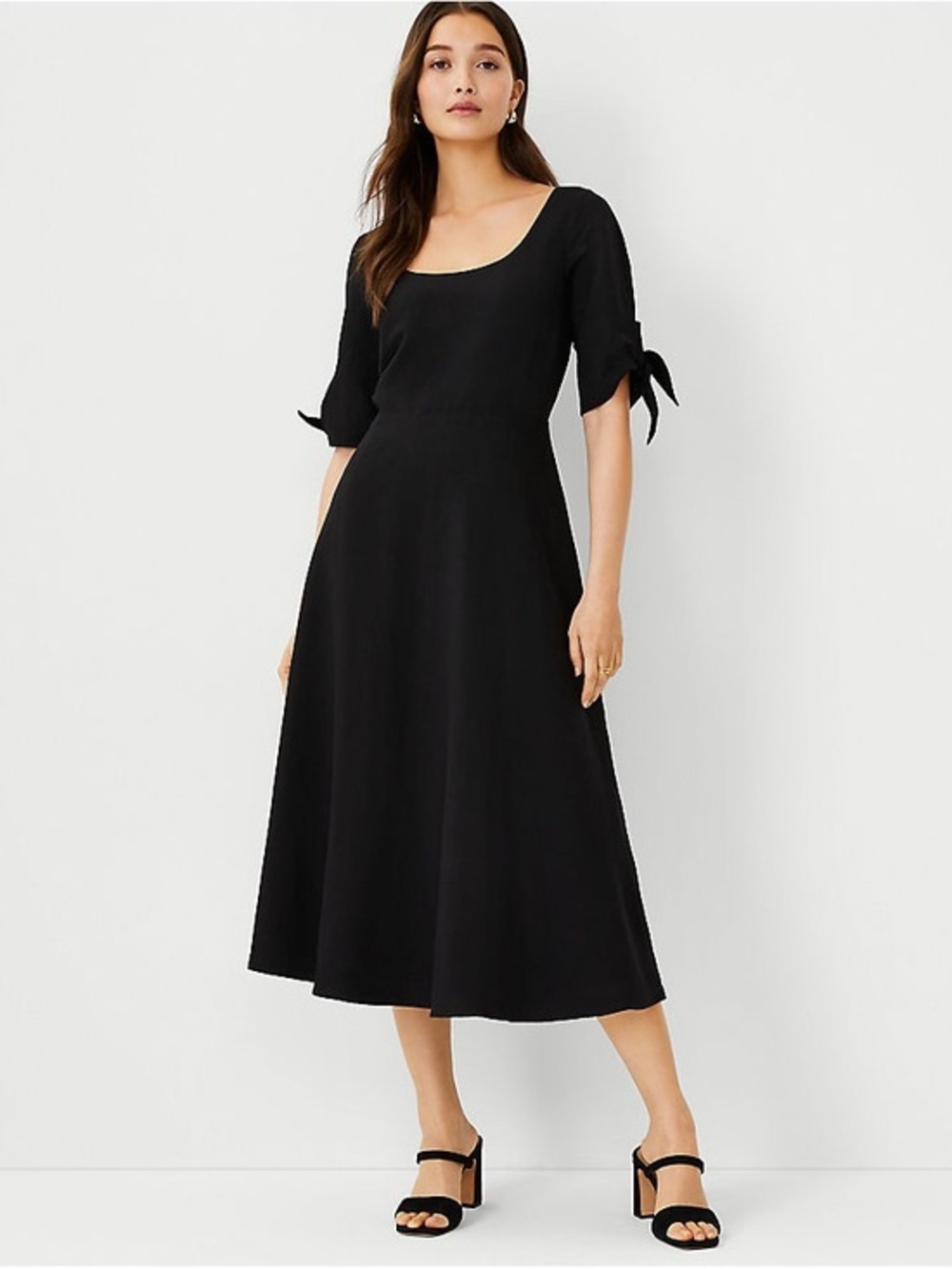 Ann Taylor Black Midi Dress with Tie Sleeve Detail